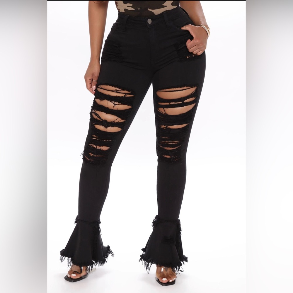 Fashion Nova Black Ripped Jeans With Flair Bottoms
